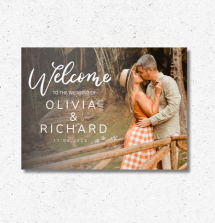 Landscape photo wedding welcome sign with couple’s picture, names, and date displayed on easel at the beach.
