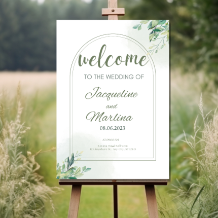 Elegant greenery wedding welcome sign on easel with personalized names and date