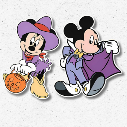Mickey & Minnie-inspired Halloween cutouts in vampire and witch costumes – UV-printed foamboard party decorations.
