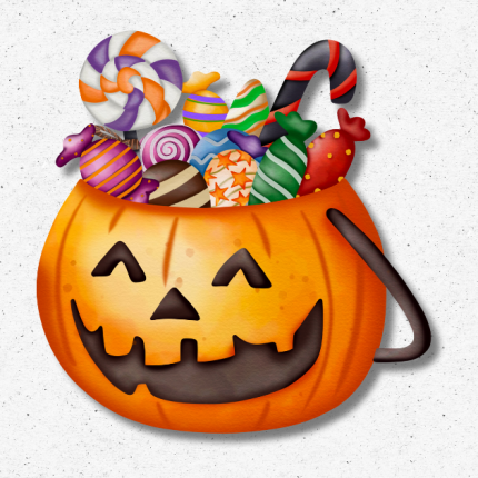 Halloween pumpkin candy bucket cutout filled with colorful treats – UV-printed foamboard decoration.