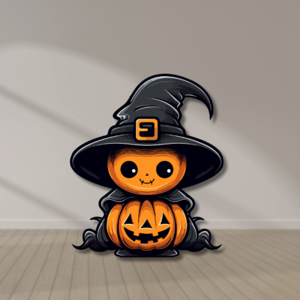 Pumpkin cutout with witch hat and cape – UV-printed Halloween decoration.