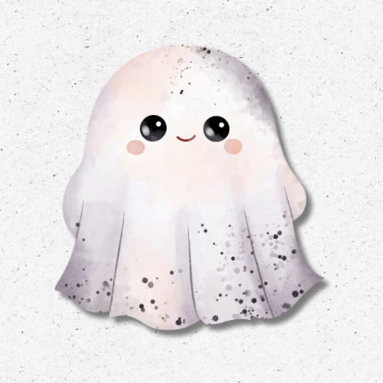 Cute smiling ghost cutout with rosy cheeks – UV-printed foamboard Halloween decoration.