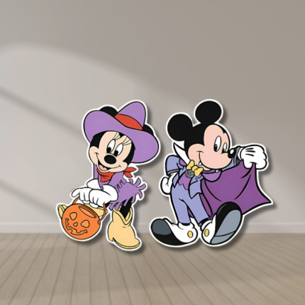 Mickey & Minnie-inspired Halloween cutouts in vampire and witch costumes – UV-printed foamboard party decorations.