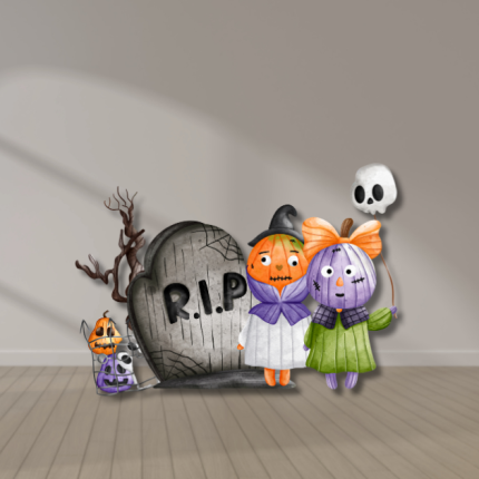 Halloween graveyard cutout with tombstone, spooky tree, and pumpkin characters – UV-printed foamboard decoration.