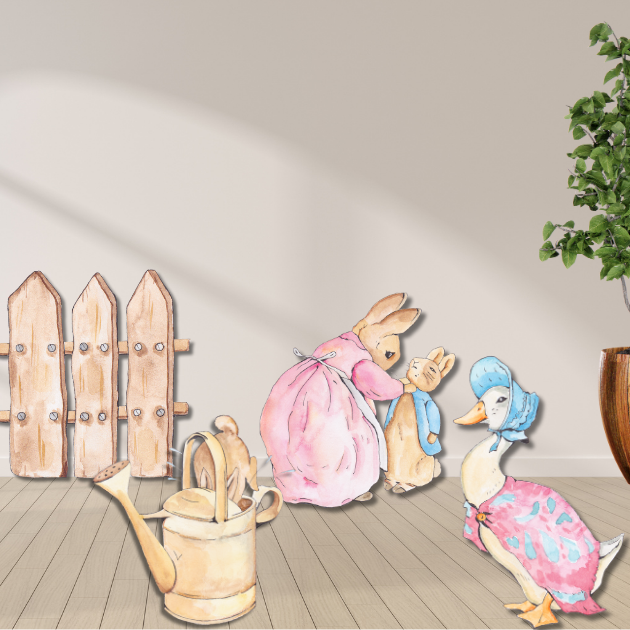 Garden bunny baby shower cutout set with picket fence and watering can