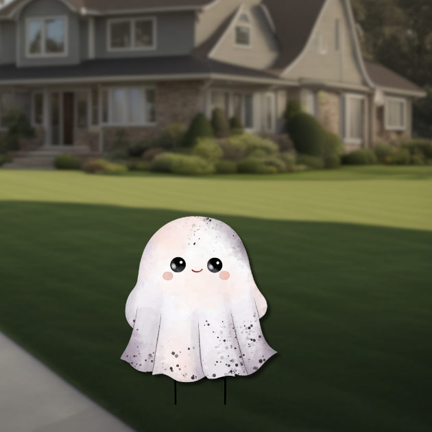 Cute Halloween Ghost Cutout Decoration Cute smiling ghost cutout with rosy cheeks – UV-printed foamboard Halloween decoration.