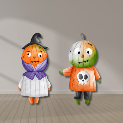 Halloween pumpkin yard cutouts dressed as a witch and skeleton – UV-printed coroplast outdoor decorations.