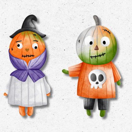 Halloween pumpkin yard cutouts dressed as a witch and skeleton – UV-printed coroplast outdoor decorations.