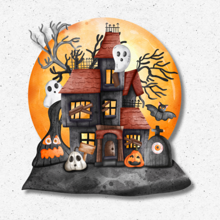 Haunted house Halloween cutout with spooky details including ghosts, bats, and a glowing moon. UV-printed on foamboard or coroplast, contour-cut for Halloween parties and photo backdrops.