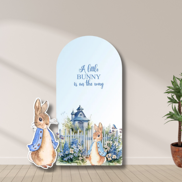 Storybook bunny baby shower arch backdrop with garden scene
