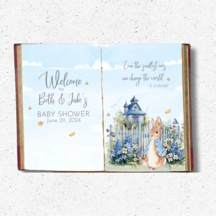 Peter Rabbit storybook baby shower backdrop with open book design, blue florals, and personalized welcome message.