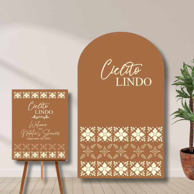 Cielito Lindo baby shower backdrop and welcome sign set in terracotta fiesta theme printed in Oxnard
