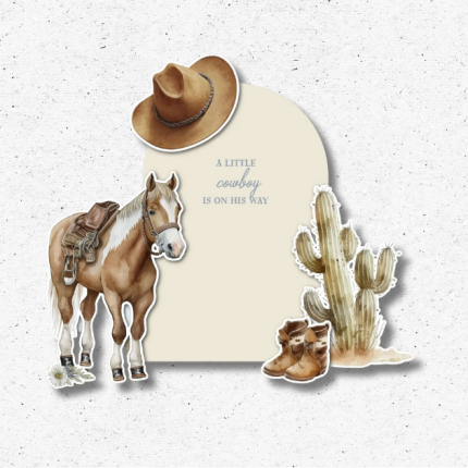 Cowboy baby shower backdrop with horse, cactus, cowboy hat, and boots cutouts – western nursery and party décor.