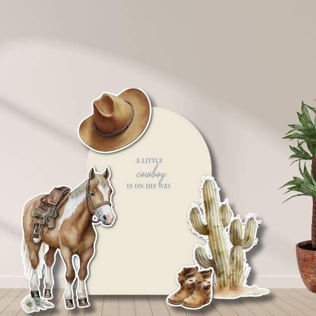 Cowboy baby shower backdrop with horse, cactus, cowboy hat, and boots cutouts – western nursery and party décor.