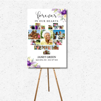 Custom memorial photo board with heart-shaped collage, floral accents, and “Forever in Our Hearts” text.