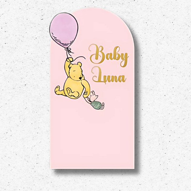 Winnie the Pooh Baby Shower Backdrop – Personalized Pink Arch Sign Winnie the Pooh baby shower pink arch backdrop with balloon and personalized name “Baby Luna.”