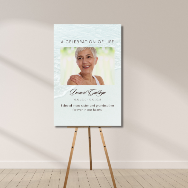 Celebration of Life Memorial Sign with custom photo, name, and dates.