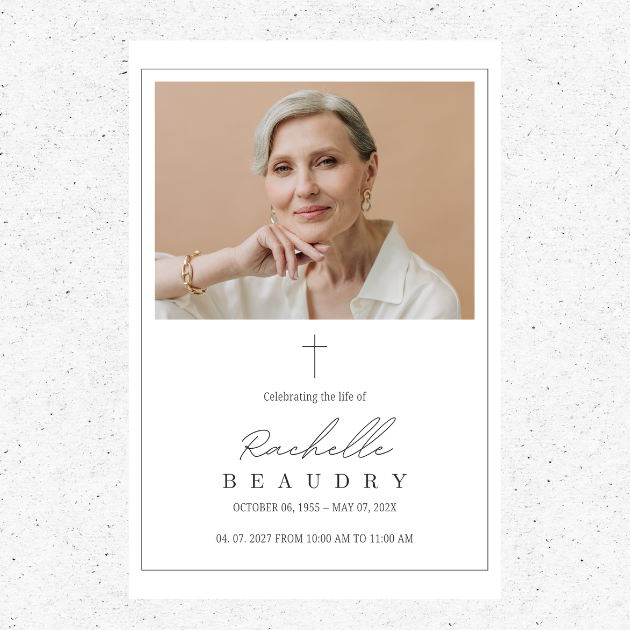 Custom celebration of life memorial sign with portrait, cross, name, dates, and service information