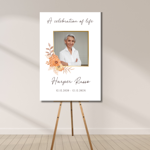 Celebration of Life memorial sign with photo, flowers, and custom text for Harper Russo.