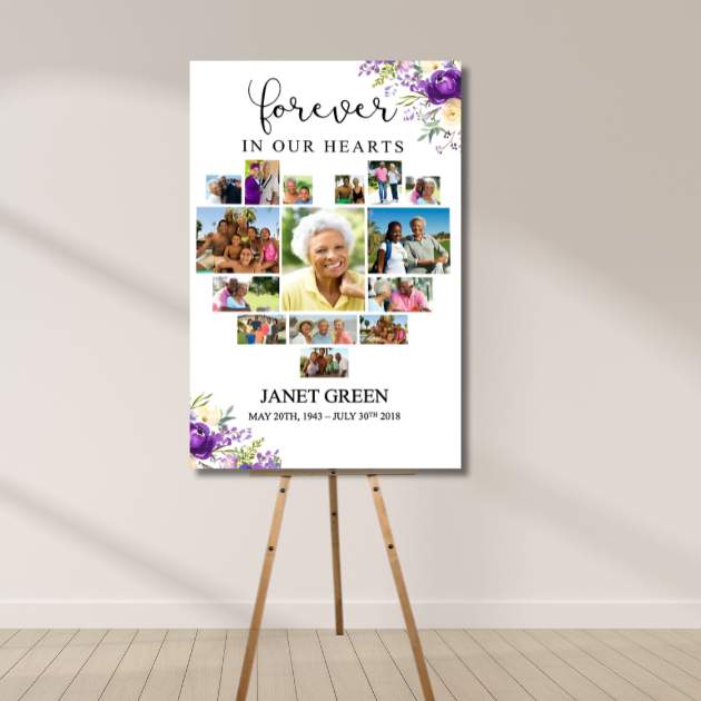 Custom memorial photo board with heart-shaped collage, floral accents, and “Forever in Our Hearts” text.