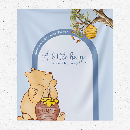 Winnie the Pooh baby shower backdrop with “A Little Hunny is on the Way” and customizable names.
