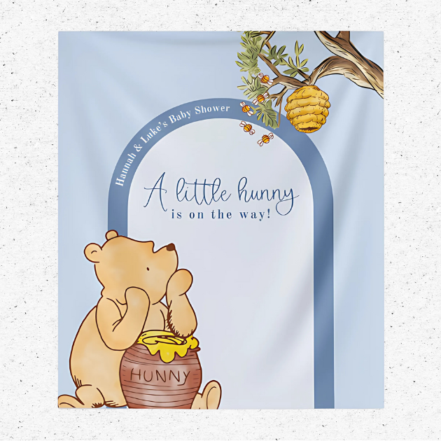 Winnie the Pooh baby shower backdrop with “A Little Hunny is on the Way” and customizable names.