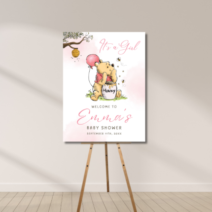 Honey bear baby shower welcome sign with balloon and woodland theme