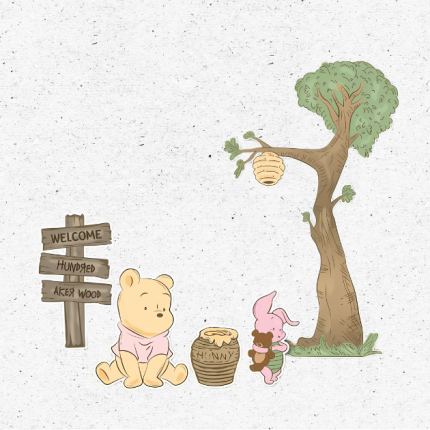 Winnie the Pooh and Piglet cutout decorations with honey tree and Hundred Acre Wood sign for baby shower and birthday parties.