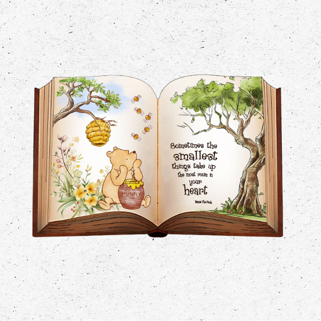 Winnie the Pooh Storybook Backdrop with Pooh holding honey pot, bees, and the quote “Sometimes the smallest things take up the most room in your heart.”