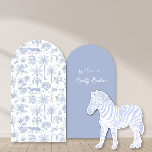 Blue safari baby shower backdrop and zebra cutout set printed in Oxnard
