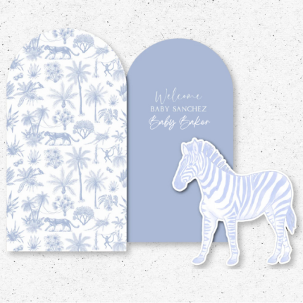 Blue Safari Baby Shower Backdrop with zebra cutout, safari print arch, and “Welcome Baby” sign in soft blue tones.