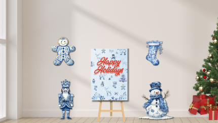 Blue porcelain-style Happy Holidays backdrop and Christmas cutouts printed by The Event Printer in Oxnard, California