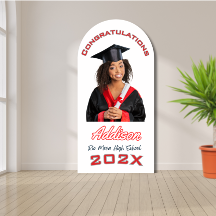 6 foot personalized graduation sign with senior photo and class year displayed indoors