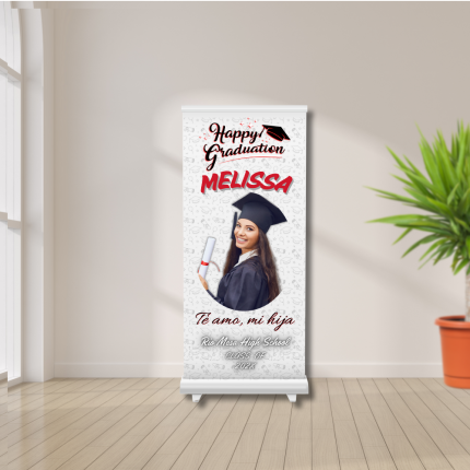 Custom Graduation Banner with Melissa's Photo and "Happy Graduation" Text – Vinyl with Stand
