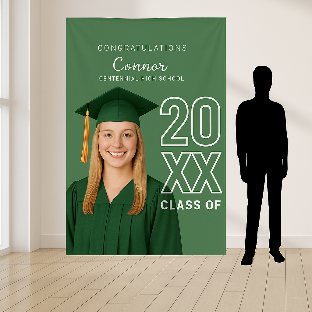 Personalized Graduation Backdrop – “20XX • Class Of” with Photo Custom graduation photo backdrop with “20XX • Class Of” and graduate portrait