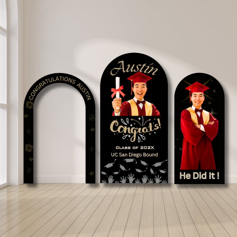 Custom Graduation Arch Backdrop – Class of 202X Design Custom black graduation arch backdrop set featuring a graduate in cap and gown with personalized congratulatory messages.
