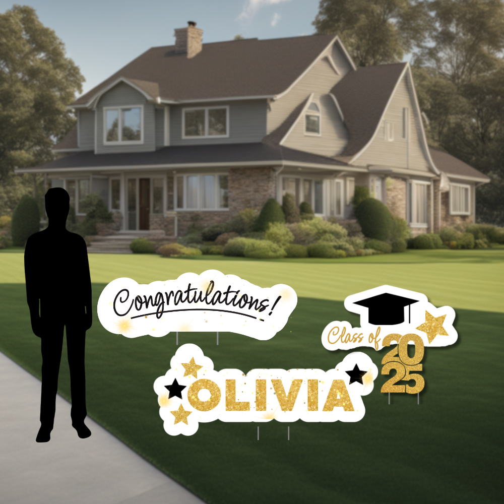 Oversized Graduation Yard Sign with Name, Cap, and Class Year – Design D Large personalized graduation yard signs with name Olivia, graduation cap, and class of 2025 sign in front of a house.