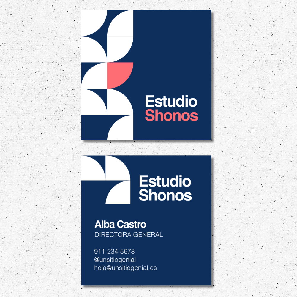 Modern Square Business Cards – Estudio Shonos Design Square business cards with geometric logo and contact details for Estudio Shonos