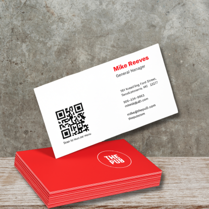 Custom business cards with a QR code and red design for The Pub