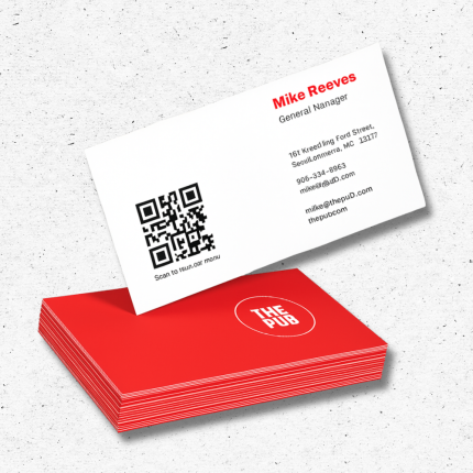 Custom business card with QR code linking to menu, red back design for The Pub
