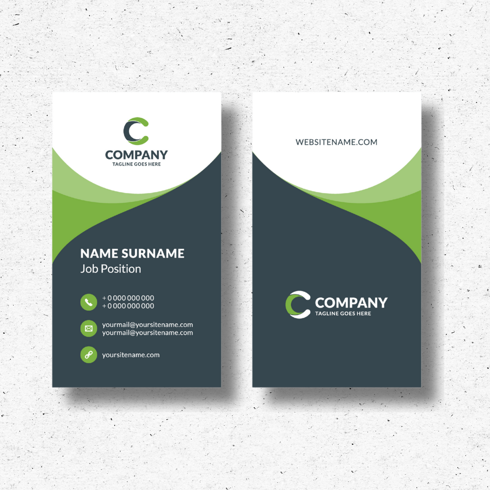 Contemporary green and white business card with curved accents and clean layout Contemporary green and white business card with curved accents and clean layout