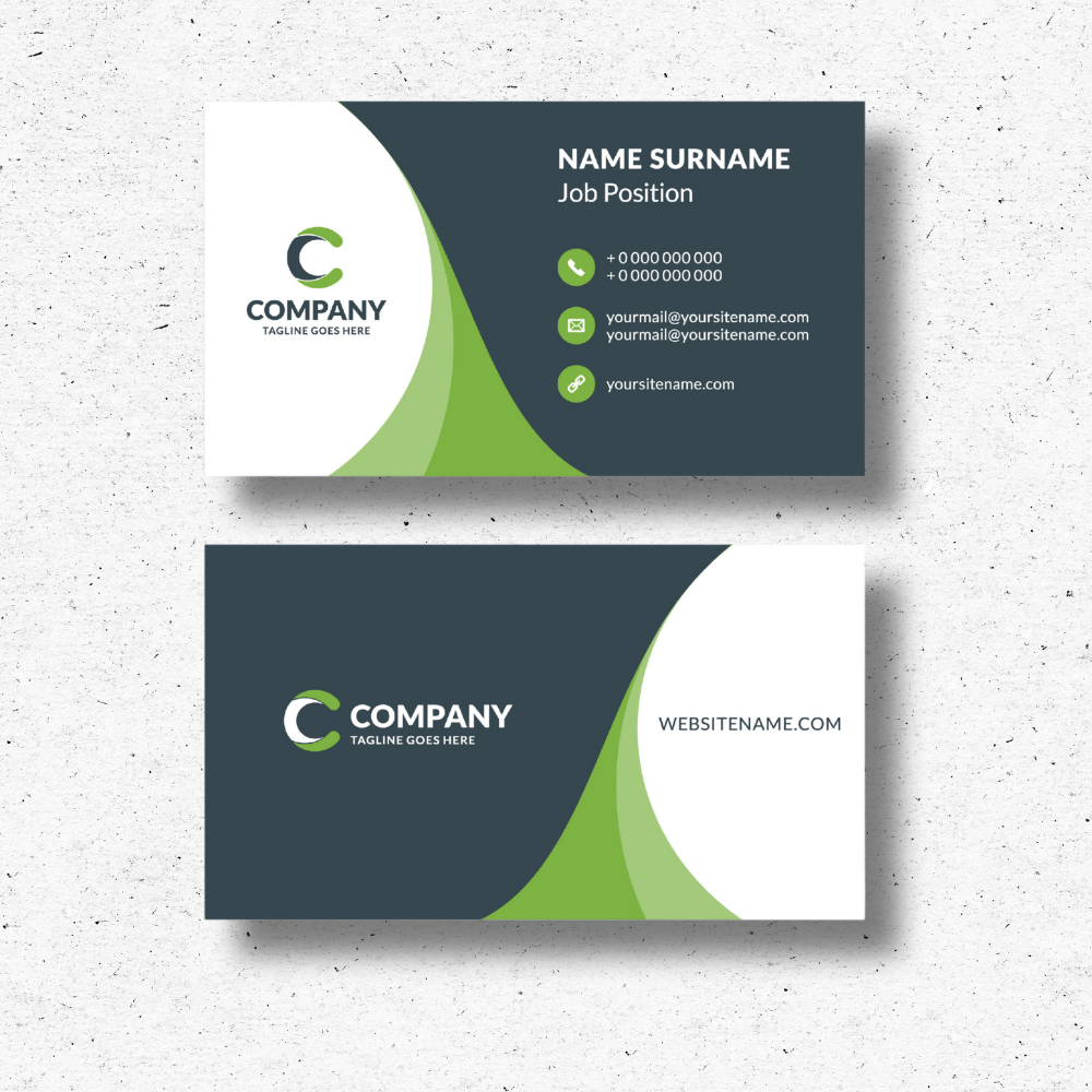 Contemporary green and white business card with curved accents and clean layout Contemporary green and white business card with curved accents and clean layout