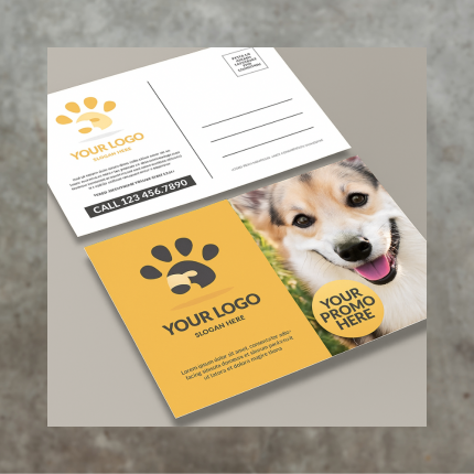 Pet service promotional postcard with happy dog and business contact space