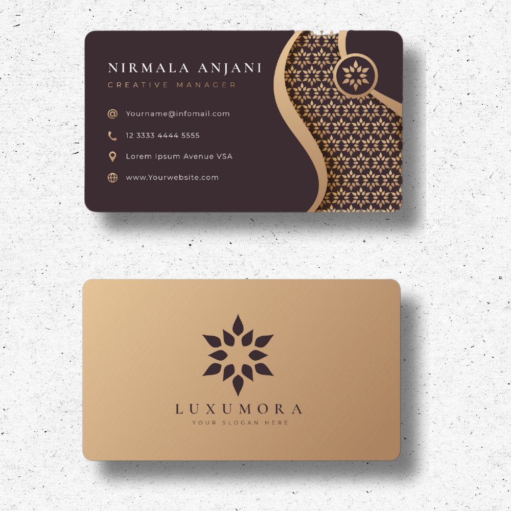 Luxury Business Cards – Rounded Edge with Gold Pattern Elegant rounded-edge business cards with a gold and black floral motif design