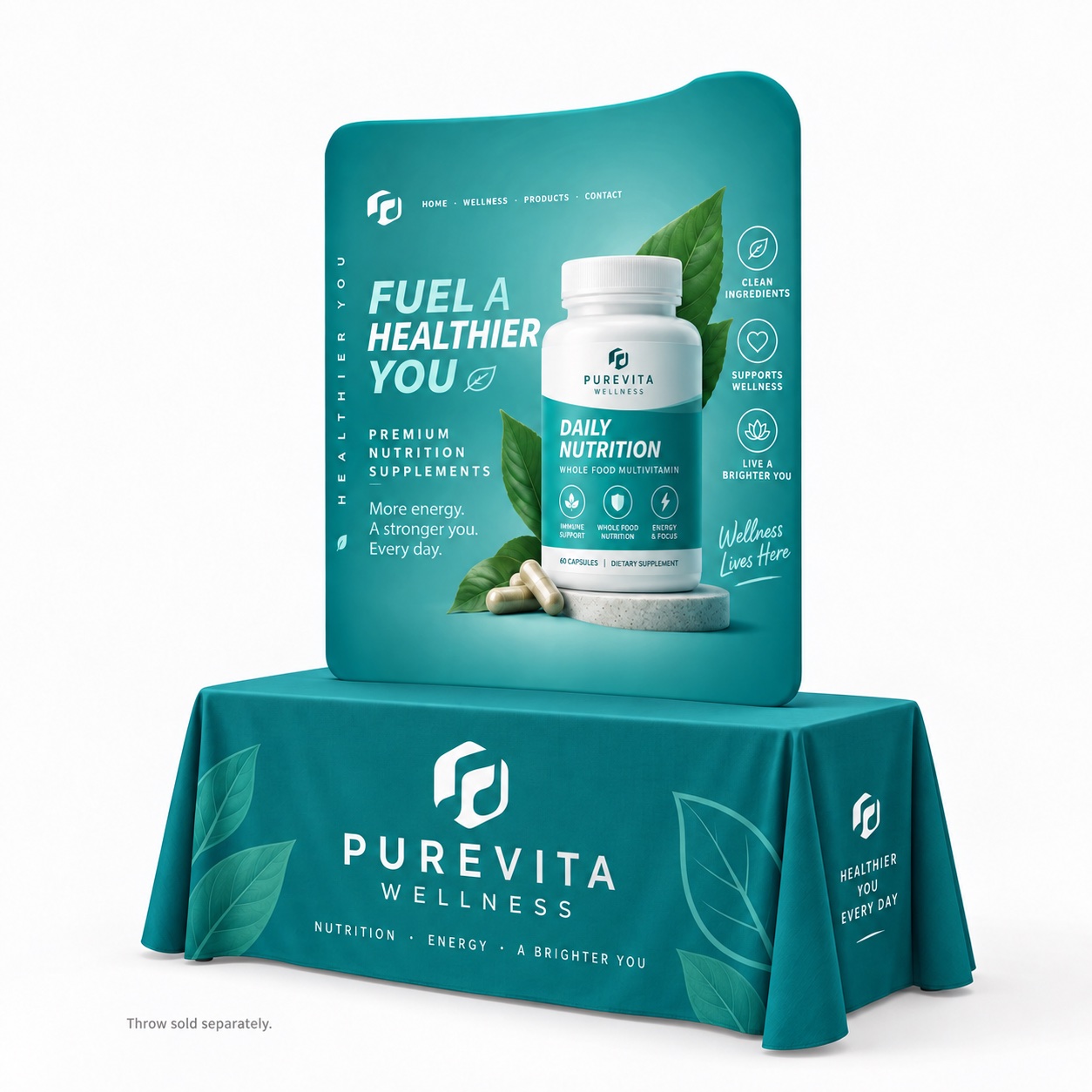 Curved Two-Sided Fabric Pop Up Display 8 ft to 10 ft – Table Setup Curved fabric pop up display with teal PureVita Wellness graphics on a matching covered table; throw sold separately