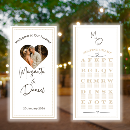 Custom wedding signage featuring a personalized welcome sign with heart-shaped couple photo and matching seating chart board with elegant modern script.