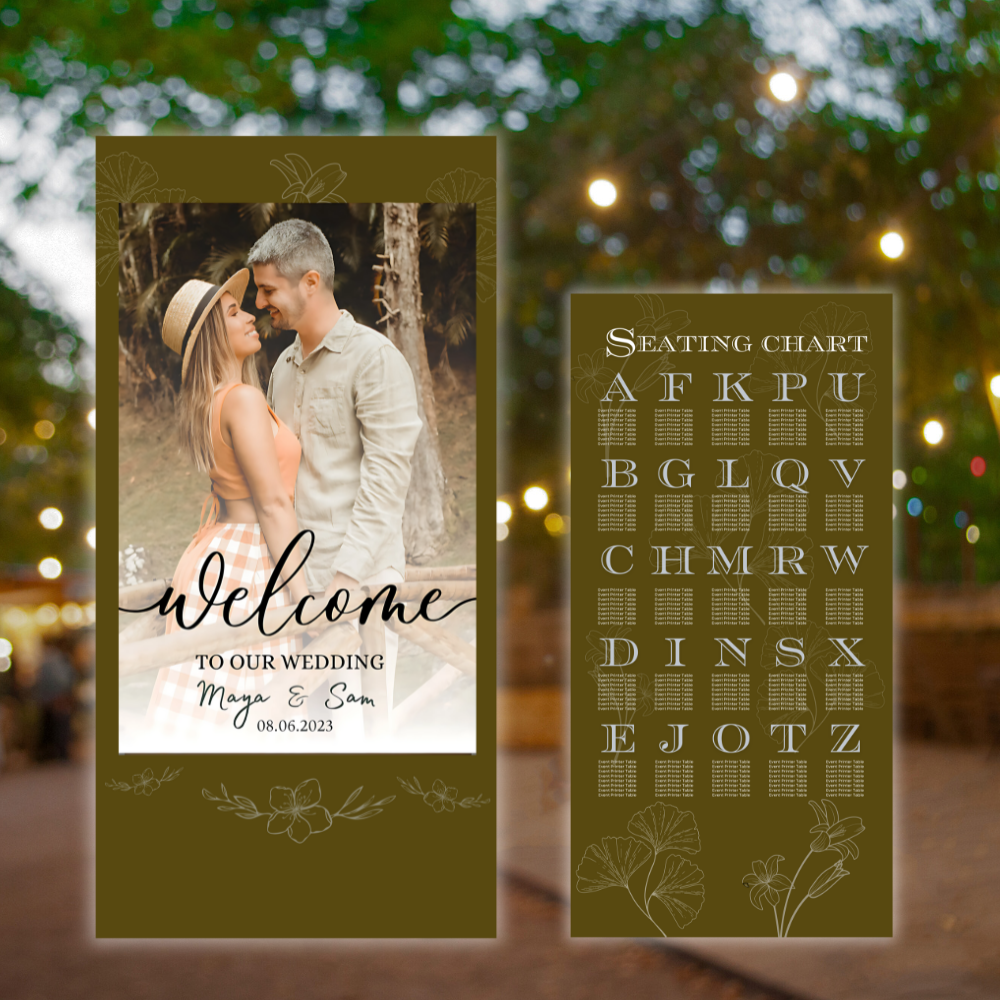 Personalized Wedding Welcome Sign & Seating Chart – Photo Design D7 Personalized wedding welcome sign and seating chart set, UV printed on foamboard with floral design.
