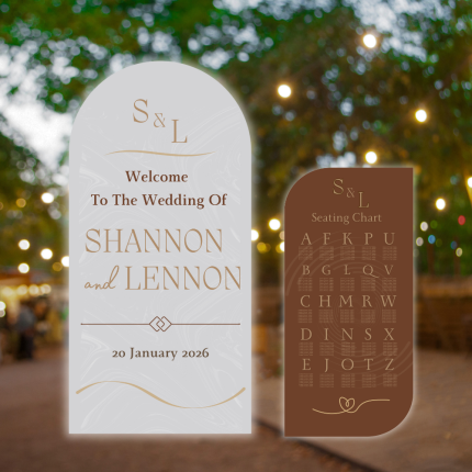 Wedding welcome sign and seating chart set, UV printed on foamboard with matching arch design.