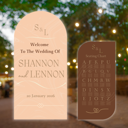 Wedding welcome sign and seating chart set, UV printed on foam board with modern arch design.