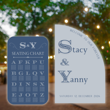 Wedding welcome sign and seating chart set with modern arch design, UV printed on foamboard.